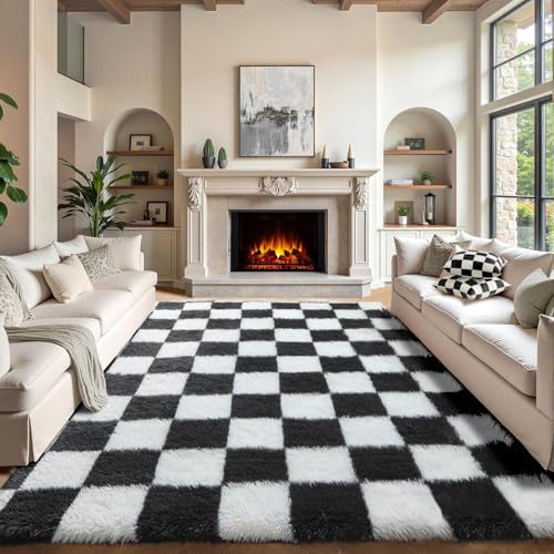 Image of KICMOR 8x10 Area Rugs for Living Room, Large Fluffy Soft Black and White Checkered Shag Shaggy Bedroom Carpets, Indoor Big Fuzzy Plush Rug for Kids Boys Girls Teen Dorm Nursery Home Decor Aesthetic