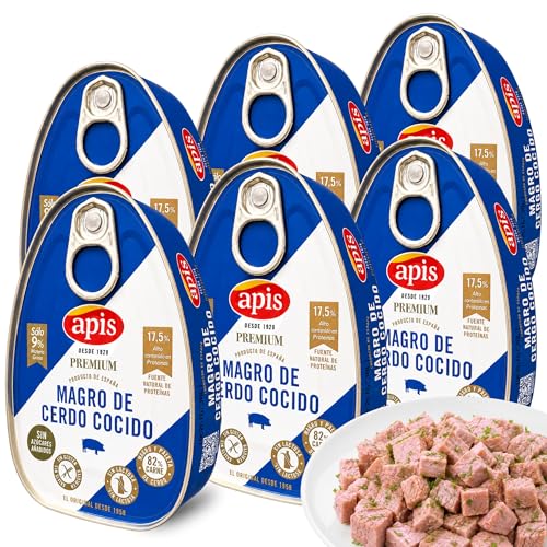 Magro de cerdo cocido Apis, Alto porcentaje en proteínas (17,5%) y sólo un 9% de materia grasa, Sin azucares añadidos, Sin Gluten, Sin lactosa, Contiene 6 Latas de 200 gr