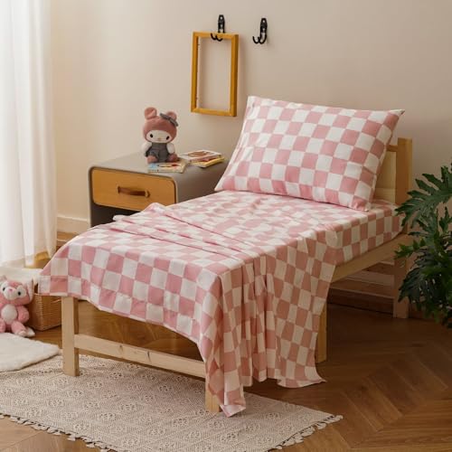 Image of CLOTHKNOW 4Pieces Pink White Plaid Toddler Bedding Sets for Girls Kids Bed | Soft, All Season, Grid Comforter, Checkerboard Bedding Sets, Soft Crib Bed Sets
