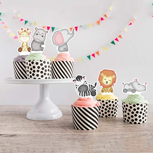 Safari Cupcake Toppers 48 Count - Jungle Cupcake Toppers - Super Cute Jungle Theme Cupcake Toppers - Easy Set Up For Baby Shower And Birthday Party - Set Of 48 By Pretty Cute Studios #TOP4