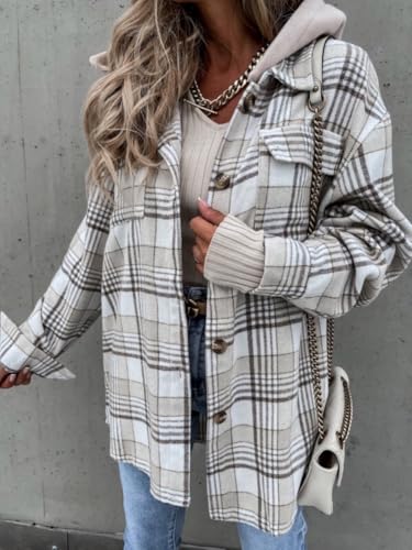 utcoco Womens Chunky Shacket Jacket Button Down Flannel Jacket with Hood Plaid Hoodie Coats2