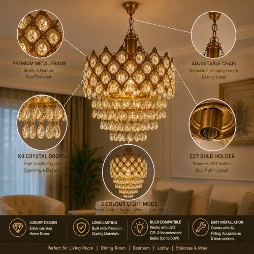 Image of Premium Gold Crystal Pendant Chandelier | Modern K9 Crystal Hanging Ceiling Light | E27 Bulb Holder | Luxury Decorative Lamp for Balcony, Bedroom, Hotel & Home Decor