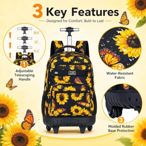 Image of 3Pcs Rolling Backpack for Girls Women, Travel Roller Backpacks with Wheels for Adults, Teens College Sunflower Wheeled Bookbag with Lunch Box(Yellow)