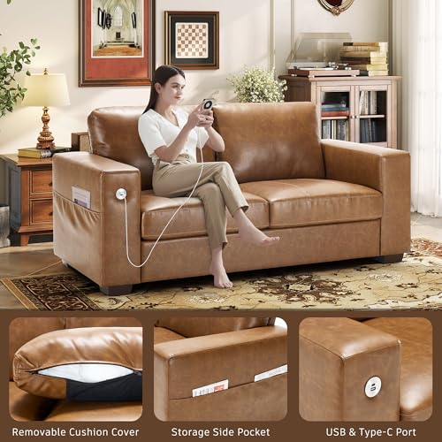 Image of Hanherry Faux Leather 70 inch Sofa for Living Room, Modern Comfy Sofa with Medium Firm Seat Cushion, Removable Cover,Wide Armrest,USB /Type-C Port,Couches for Small Space,Apartment