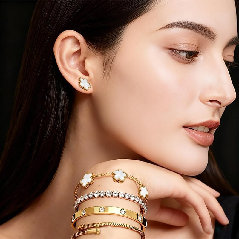 Freinit Bracelets and Earrings Set for Women 5Pcs 18K Gold Plated Nail love Bangle Bracelet Set Adjustable Bracelet Stackable Flower Tennis Bracelet Gifts for Christmas Valentines Women's Day and Mother's Day - Image 6