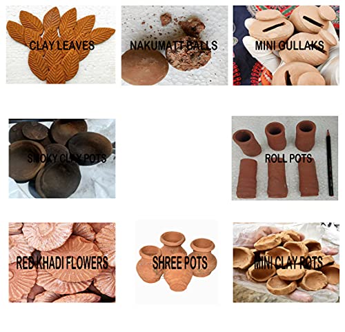 VRINDAVANBAZAAR.COM Sample Pack of Roll pots, Shree Pots, Red Khadi Flowers, Indian Mini Clay pots, Smoky Clay pots, Clay Leaves, nakumatt Ball, Mini gullaks 250 gram Each