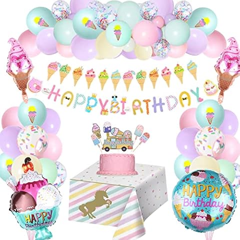 DJLLA Birthday Decoration Girls, Ice Cream Birthday Party Decorations, Pink Balloons Arch and Happy Birthday Banner 3D Foil Balloon Tablecloth Cake Topper for Infant Girl Boy Lady Cover