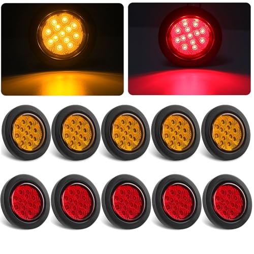 Konrali 2.5 Round LED Marker Lights 13 LEDs w/Reflectors 5 Amber + 5 Red 2 1/2 Round LED Trailer Truck RV Side Clearance Marker Lights Sealed Flush Grommets Mount with 2 Prong Wire Pigtails