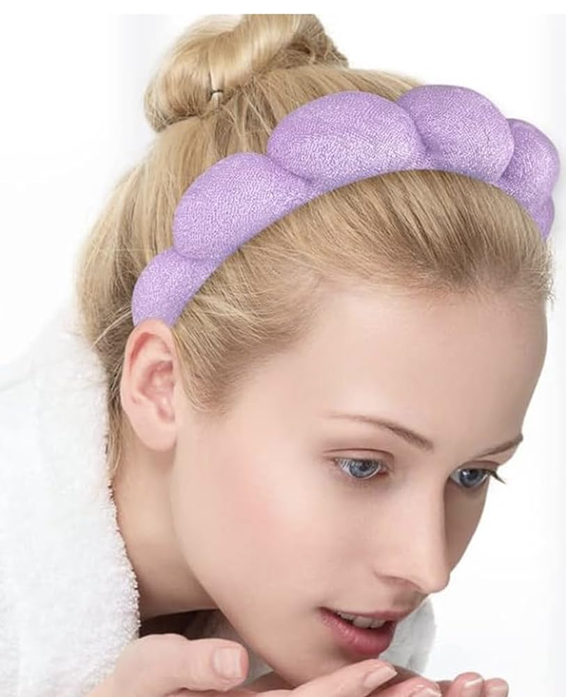 Purple Headband for Washing Face Makeup, Bubble Skincare. Terry Cloth Soft Puffy for Women Makeup Removal Shower, Facial Mask - Image 4