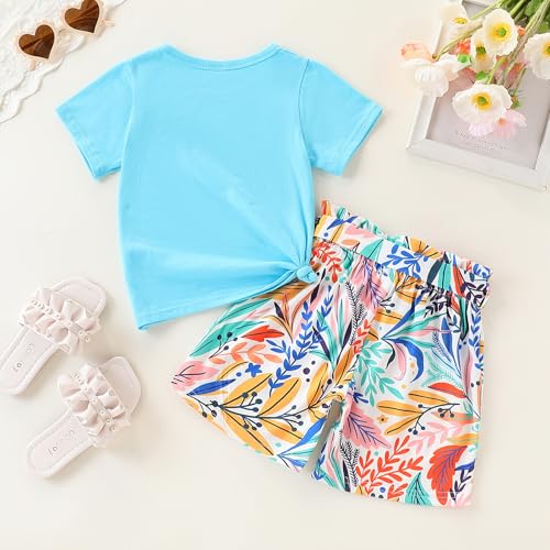 Image of KIDLAGA Toddler Kid Girl Outfits Clothes Floral Short Sleeve T-Shirt Top + Waist Pocketed Summer Short Sets 4-7T Girl Clothes