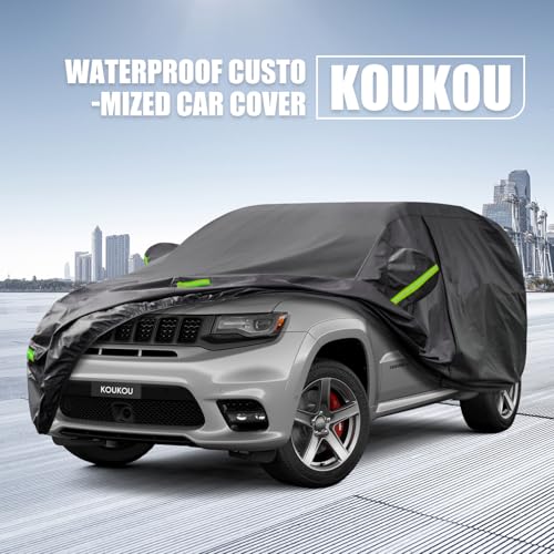 Image of KouKou Waterproof SUV Car Cover Suitable for Jeep Grand Cherokee from 2005 to 2025, 7 Layers Windproof All Weather Waterproof Outdoor Cover Sun Rain UV Dust Snow Protection. Black