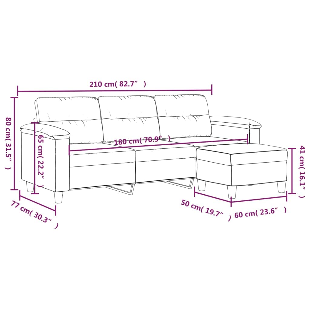 3-osobowa sofa z taboretem, kolor taupe, szerokość siedziska 180 cm, tkanina z mikrofibry, wytrzymały metalowy stelaż, wygodna do salonu