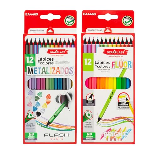 Starplast 24 LÁPICES DE COLORES METALIZADOS Y FLÚOR Set de 12 lápices de colores metalizados y 12 colores flúor, para dibujo artístico, para colorear. Uso escolar y artístico.