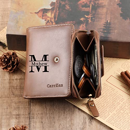 Nobelook Personalized Wallet for men Custom Engraved Mens Wallets with Photo Monogram Name Trifold Vertical Short Leather Wallet Lock Zipper Purse for Father Dad Husband Son BF3