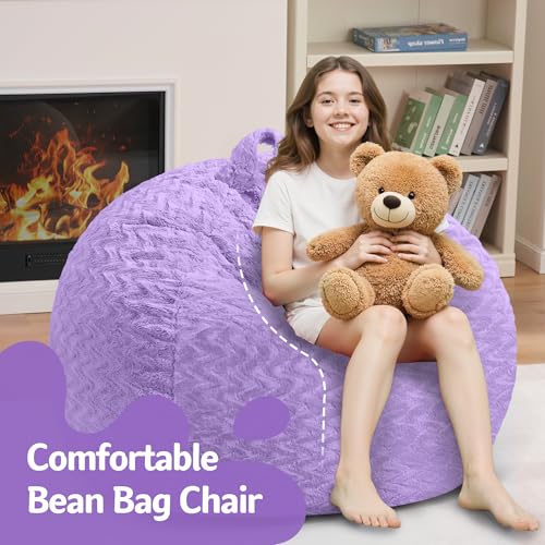 Image of 2FT Bean Bag Chair,Giant Bean Bag Chairs for Adults,Big Bean Bags with Memory Foam Filled, Large Beanbag Chairs with Chevron Plush Cover-Purple