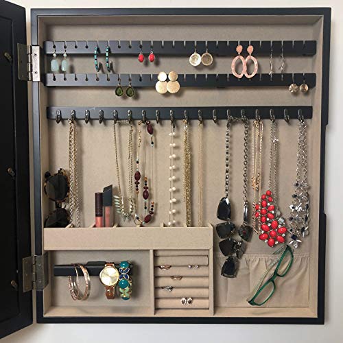Hives And Honey Wall-Mounted Space Saving Storage Organizer Jewelry Cabinet Armoire With Picture Frame, Black #TOP2