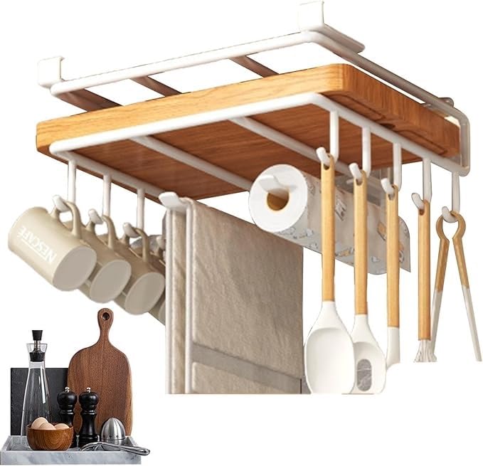 Ganchos para tazas debajo del gabinete y soporte de acero inoxidable para tabla de cortar