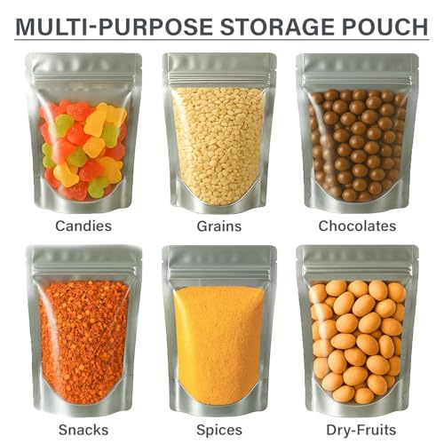 Image of Transparent Front /Silver Back Stand-Up Zipper Pouch, 8.5cm x 14cm, Pack of 10, Food Grade, Reusable LDPE Zip Lock Bags for Food Storage & Packaging Capacity 50g