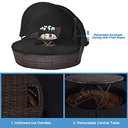 Relax4Life Outdoor Round Daybed - Wicker Furniture Set W/Removable Cushions, Retractable Canopy, Height Adjustable Coffee Table, Sectional Sofa Set For Garden Lawn, Patio Conversation Set (Black) #TOP1