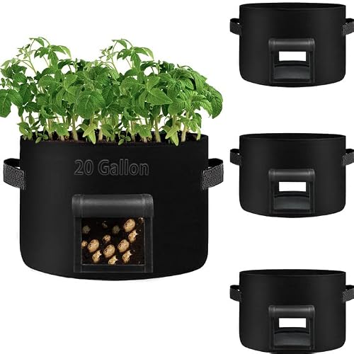 SORANGEUN 4 Pack 20 Gallon Grow Bags Heavy Dduty Nonwoven Potato Grow Bag with 2 Sturdy Handles&2 Windows,Thickened Plant Grow Bag for Potato,Tomato,Flowers,Vegetable Plants