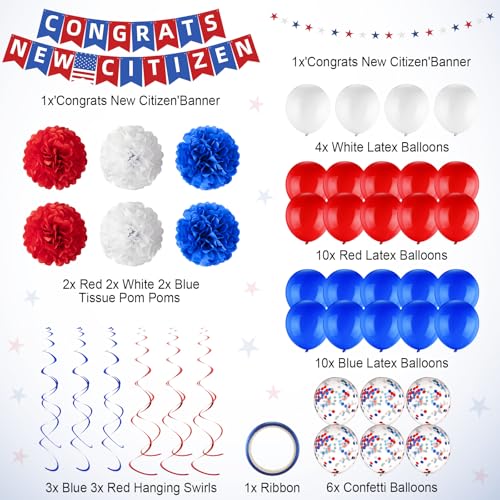 Image of RoundFunny 45 Pcs New Us Citizenship Gifts, Blue White and Red Party Decorative Kit, Congrats New Citizen Decoration Banner, Balloons, Paper Poms, Patriotic Supplies for Men Women