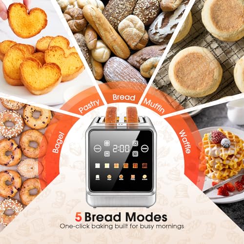 Toaster 2 Slice Wide Slot, Digital Smart Touch Screen with Memory Function, Single Slot Tech, Stainless Steel Toaster for Bagels | 6 Toast Settings & 5 Bread Types | Defrost & Reheat