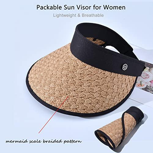 Straw Visor Hat For Women Wide Brim Foldable Roll-Up Sun Hats Summer Uv Protection Beach Hat Khaki #TOP2