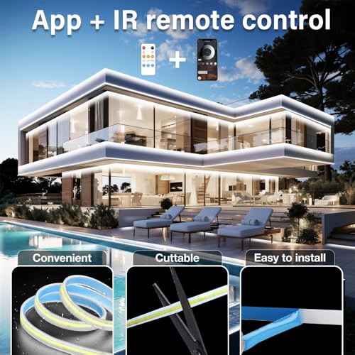 Image of 100ft COB Outdoor LED Strip Lights Waterproof,Dimmable 6500K Bright White,IP68 Outside Led Light Strips Waterproof with App Remote Control,Music Sync Exterior Led Rope Lights