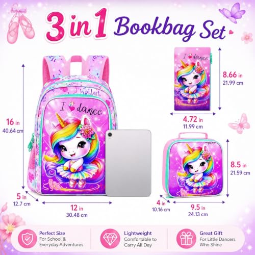 Image of WZLVO 3PCS Kids Backpack for Girls, Unicorn Dinosaur Animal Prechool Elementary Kindergarten School Bookbag with Lunch Box