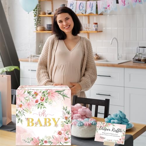 Image of Baby Shower Games, Floral Diaper Raffle Box, 50 PCS Diaper Raffle Tickets Card Box with Advice and Wishes for the Parents-to-be, Baby Shower Decorations, Diaper Raffle Sign