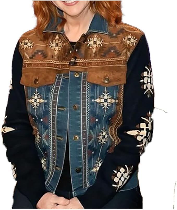 Veste de camionneur en daim brodé femme blouson manches polaire boutons
