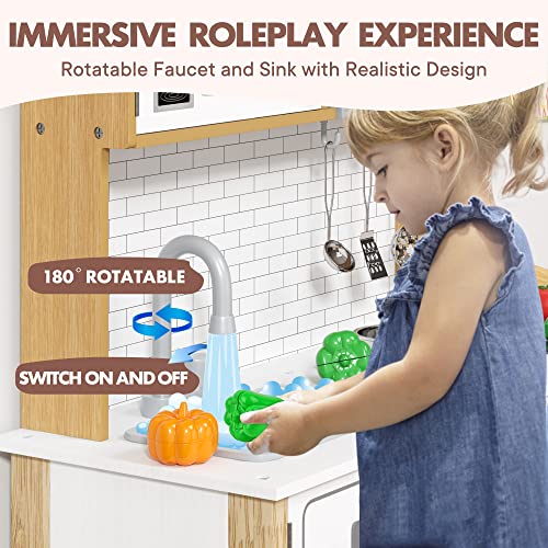 Tinysure Play Kitchen Set For Kids - Sound And Light Effect Wooden Toy Kitchen Playset With 19 Pcs Toy Food And Cookware Accessories, And Abundant Fun Play Features For Toddlers, Girls, Boys #TOP4