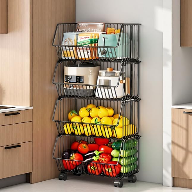 4 Tier Stackable Metal Wire Storage Baskets with Wheels, Fruit Vegetable Storage Basket, Organizer Bins for Kitchen, Pantry, Bathroom