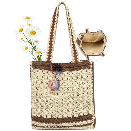 Image of Bycobecy Woven Tote Bag for Women, Summer Beach Bag Large Crochet Shoulder Purse Handbag Boho Knit Bag for Summer Travel