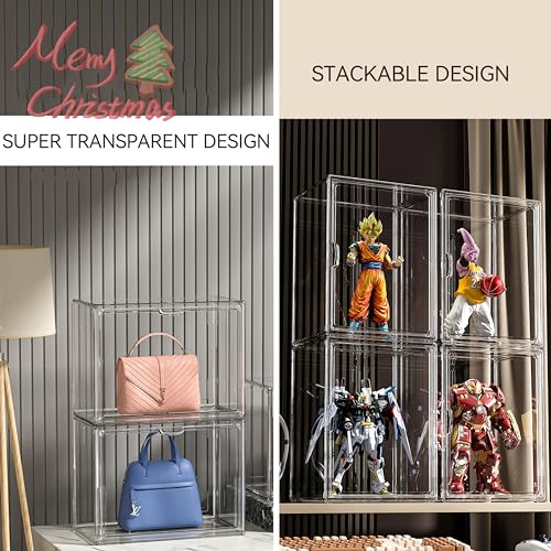ZLLZUU Clear Stackable Plastic Storage Bins with Lid, Dustproof Book Cosmetic Acrylic Display Cases with Magnetic Door, Large Figures Collectibles Showcase, Toys, Protection Organizer