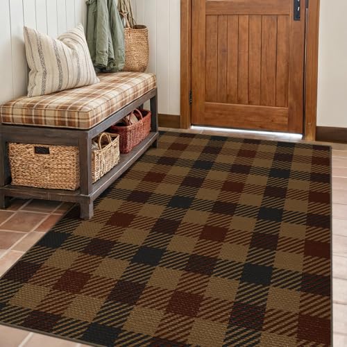 Neutral 4x6 Area Rug for Indoor Entrance - Easy Jute Brown and Red Checkered Rug for Large Entryway, Small Living Room, Stain Resistant Low Pile Retro