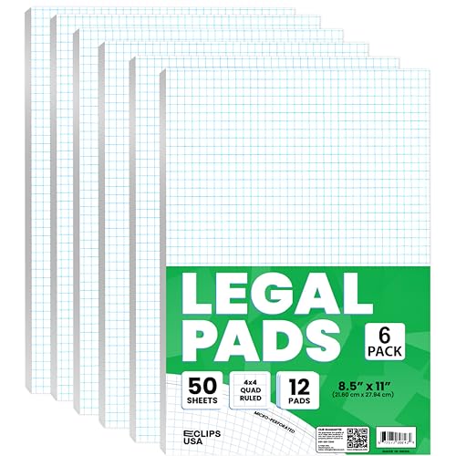 E-CLIPS USA Graph Paper Pad, Graph Paper Notebook, 4 x 4 An Inch Quad Ruled Graph Paper Pad, Graph Paper Pads 8.5 x 11, Drafting Paper, 50 Sheets Per Pad (6 Pack)