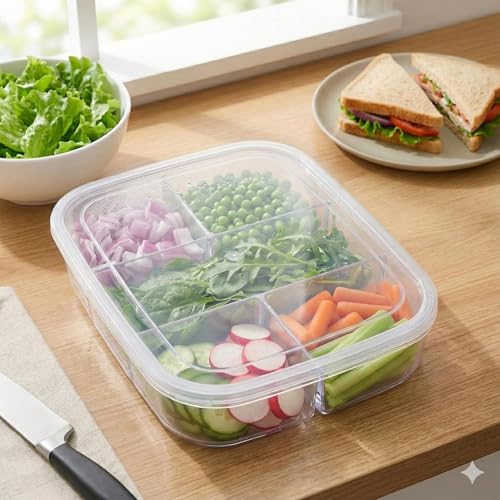 Image of VOLCANO Fridge Storage Containers, Fridge Organizer with Removable Drain Plate & Secure-Sealing Lids, Fridge Storage Boxes Keep Fruits, Vegetables Fresher, Container Box (5 grid Fridge Storage Box)