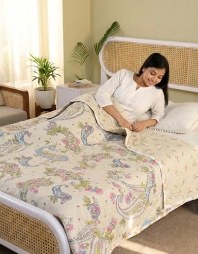 Image of MITUL Dohar Double Bed 100% Cotton Blankets for Summer | 90x100inch, 150GSM Ac Comforter and Cooling Blankets for Summer | Classic Printed Design | Quilt (Design Cream Color, Double Bed)