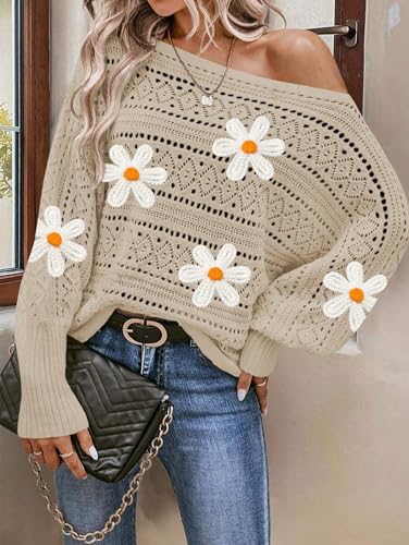Image of Cakulo Womens Off Shoulder Sweater Top Fall Outfits 2025 Oversized Knit Batwing Long Sleeve Crochet Sweaters Flower Khaki M