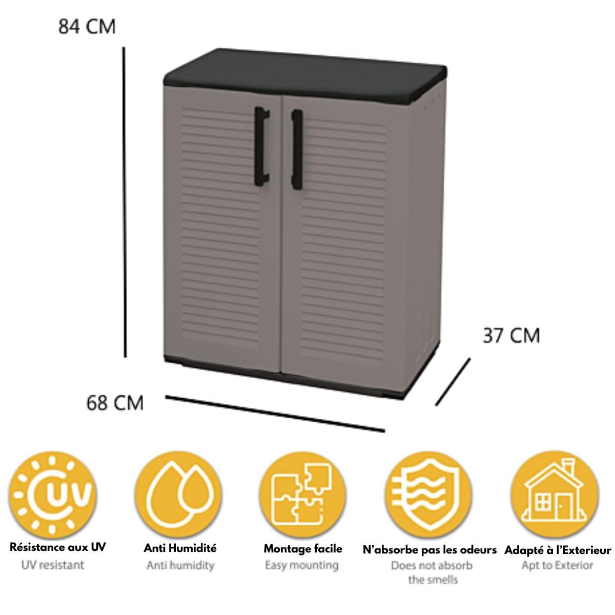 INTEC - Armoire Basse de Rangement 2 Portes Gris Anthracite 68x37x84 cm – Meuble Polypropylène Recyclé pour Garage, Jardin, Buanderie – Résistant Eau & UV