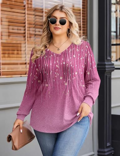 Image of IN'VOLAND Womens Plus Size Shirts V Neck Puff Long Sleeve Tops