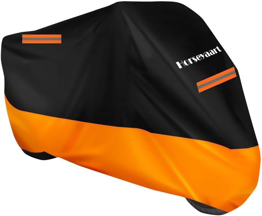 Horseyaart - Bike Cover Waterproof Compatible with All Bikes All Models Bullet 350 New BS6 Bike Cover with Elastic and Belt Bukle Lock or Reflective Stripe (Multicolor Orange Black)