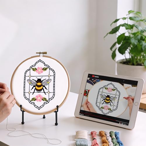 Image of Armindou Flowers Bee Embroidery Kits for Beginners Adults, Floral Hand Embroidery Set Needlepoint DIY Kits, Stamped Cross Stitch Kits for Beginners Adults, 2 Embroidery Hoops (Attached Video Tutorial)