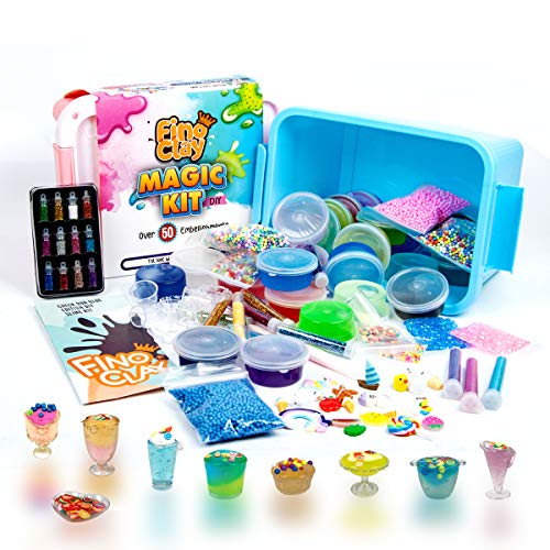 FINOCLAY Slime Making kit for Girls and Boy, 24 colors Premade Clear Slime Over 100 accessories with Glow in the Dark Powder, slime supplies for Kids Art Craft , 20 Glitter tubes, Fruit slices & Tools
