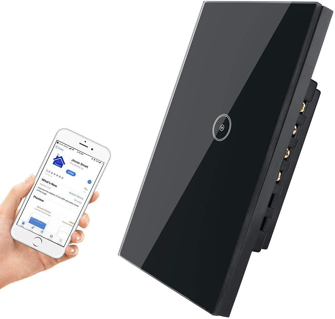 UseeLink Smart WiFi Interruptor de luz, pantalla táctil de vidrio templado, EE. UU, 2 vías, funciona con Alexa/Google Home, temporizador, se requiere cable neutro, negro (paquete de 2)