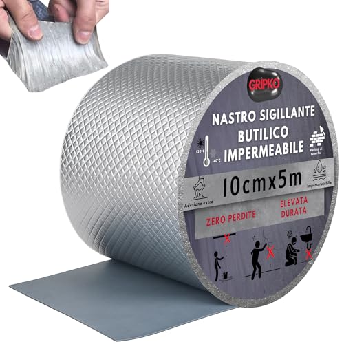 Gripko Nastro Sigillante Impermeabile Butilico 10cmx5M - Nastro Butilico in Alluminio per Riparazione di Perdite, Grietas, Tetti - Nastro per Tubi, Grondaie, Resistente e Durevole