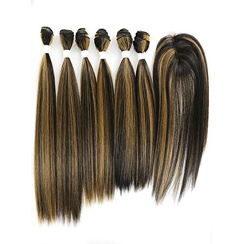 X-TRESS Highlight Balayage Synthetic Hair Bundles with Closure Yaki Straight Weft Weave Ombre Honey Blonde Swiss Lace Hair Extension Heat Friendly