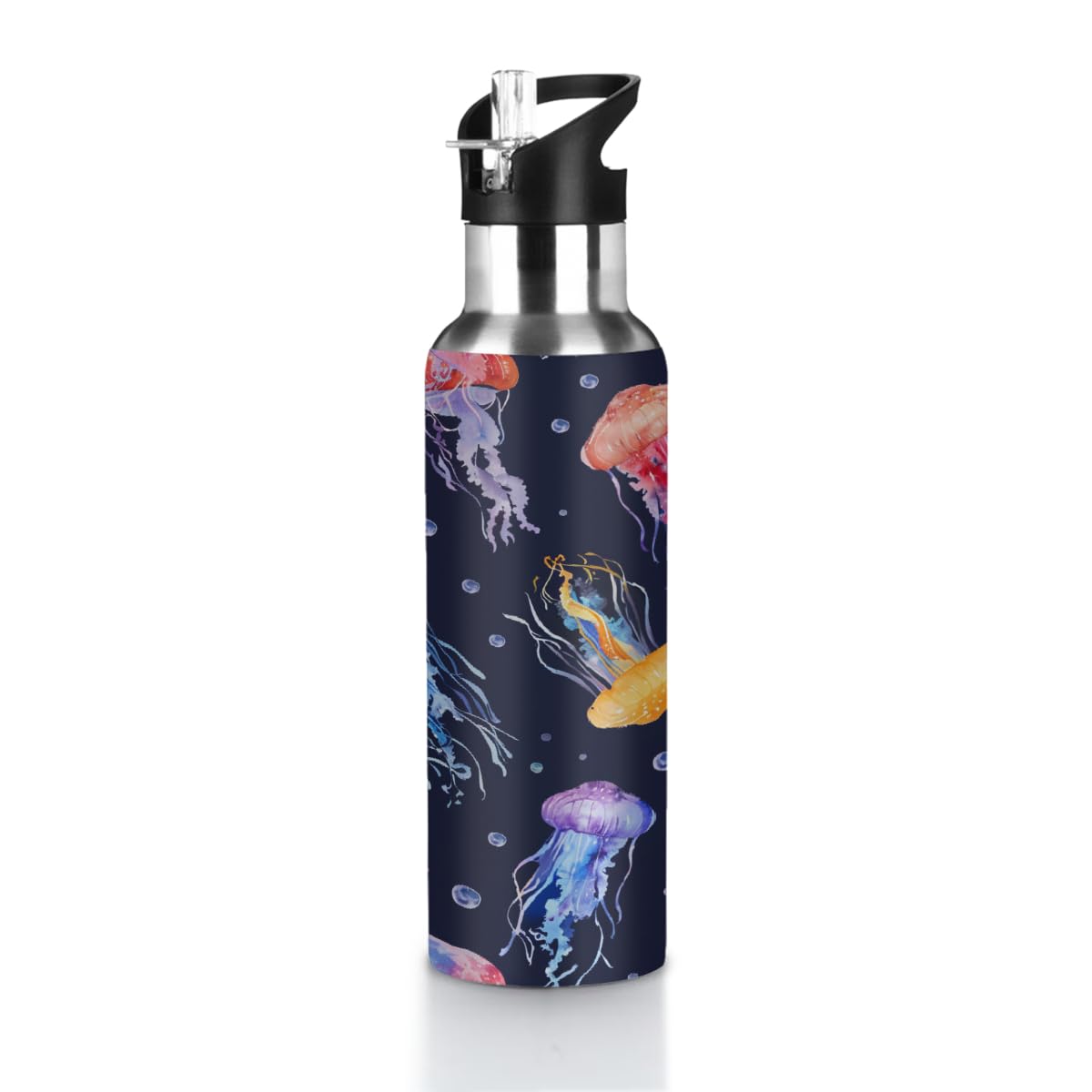 VQUVQV 600ml Water Bottle Stainless Steel Sports Drinks Bottle with Straw Lid, Colorful And Cute Jellyfish Insulated Bottles Vacuum Flask for Running Cycling Hiking