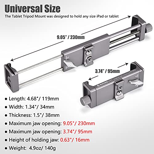 Shinewee Metal Ipad Holder For Tripod Mount, 1/4" Screw, Acra/Rrs Rail Plate Mounts, Fits Ipad 1 2 3 4 5 Mini Air Pro,Universal Tablet Ipad Clamp Holder Stablizer Adapter #TOP1